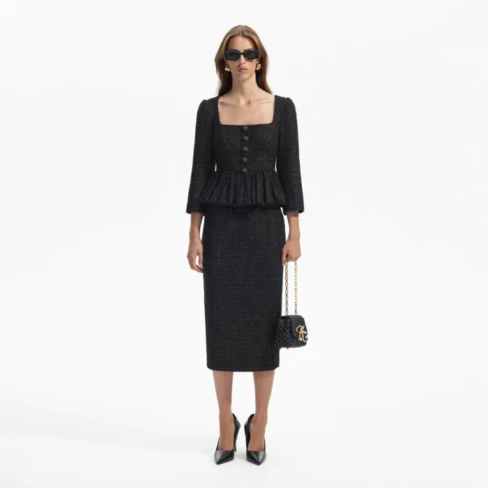 Self Portrait Dresses Black Boucle Peplum Midi Dress 8211 Women