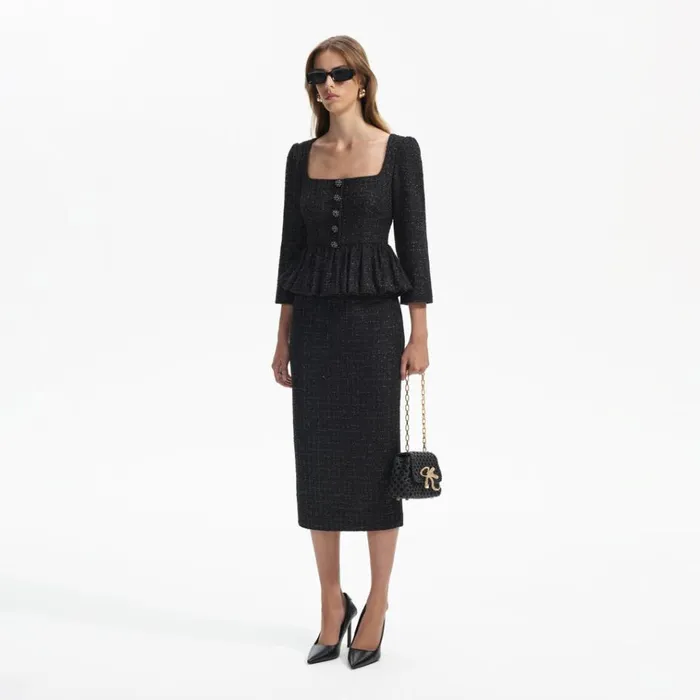 Self Portrait Dresses Black Boucle Peplum Midi Dress 8211 Women Self Portrait Dresses Black Boucle Peplum Midi Dress 8211 Women