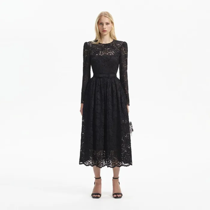 Self Portrait Dresses Black Cord Lace Long Sleeve Midi Dress 8211 Women