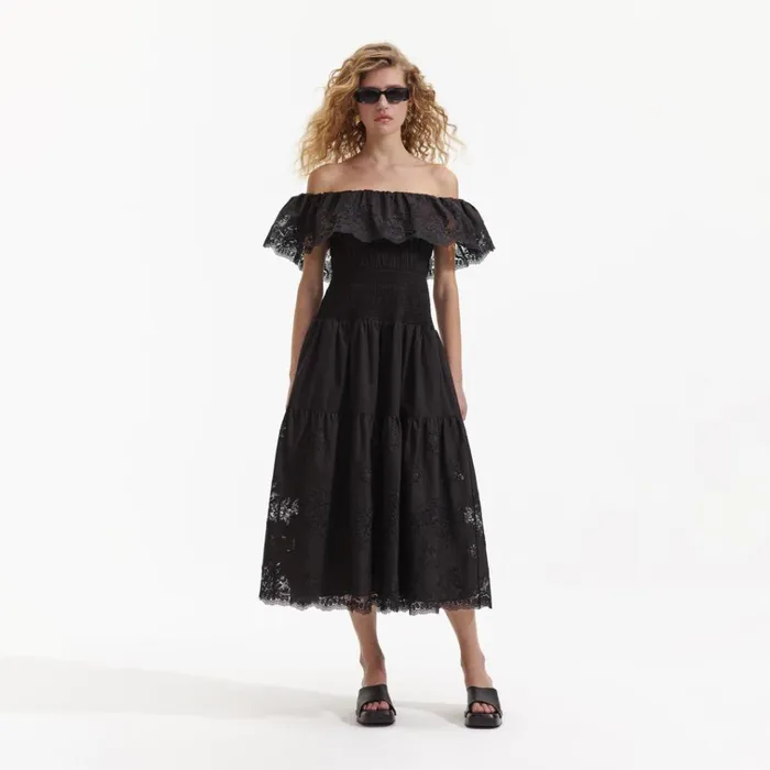 Self Portrait Dresses Black Cotton Midi Dress 8211 Women