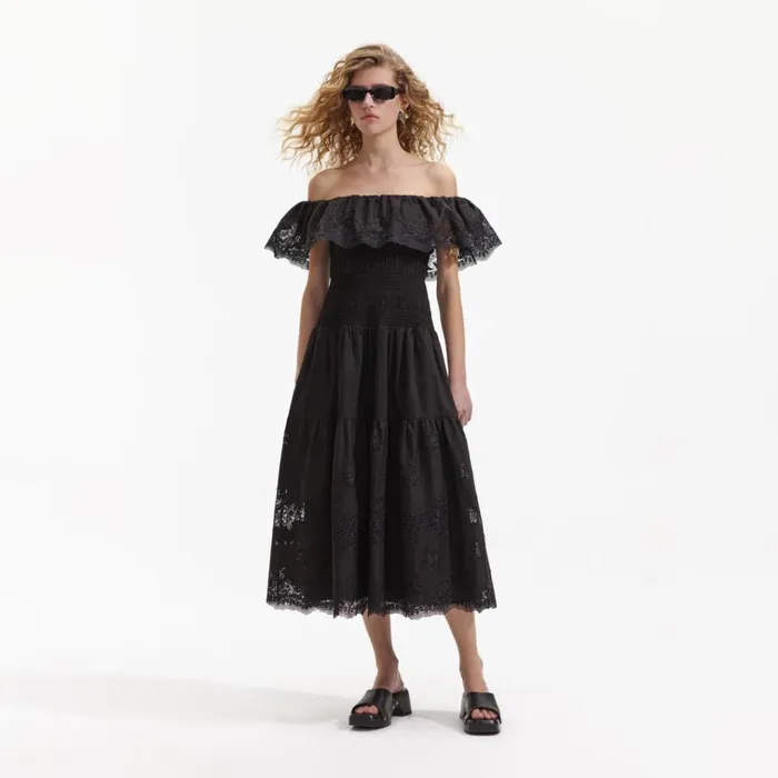 Self Portrait Dresses Black Cotton Midi Dress 8211 Women Self Portrait Dresses Black Cotton Midi Dress 8211 Women