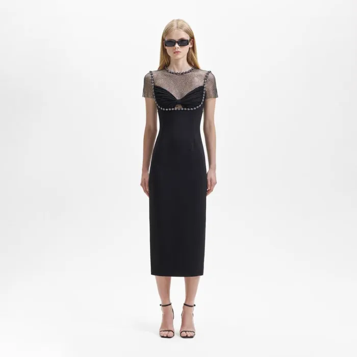 Self Portrait Dresses Black Crepe Diamante Midi Dress 8211 Women