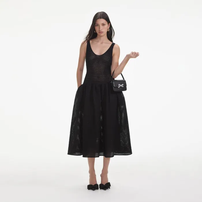 Self Portrait Dresses Black Crochet Knit Midi Dress 8211 Women