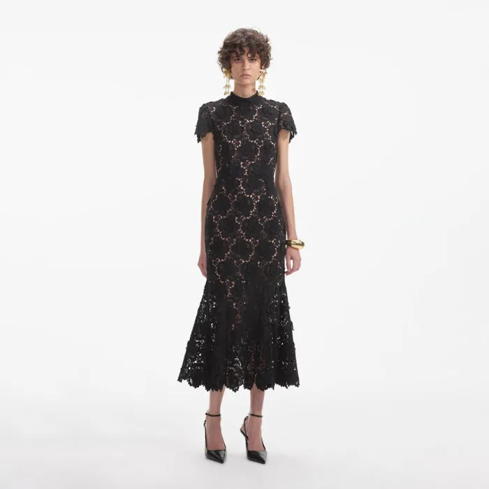 Self Portrait Dresses Black Flower Lace Midi Dress 8211 Women