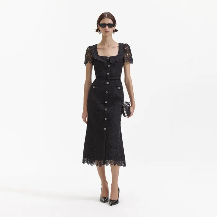 Self Portrait Dresses Black Guipure Lace Button Midi Dress 8211 Women