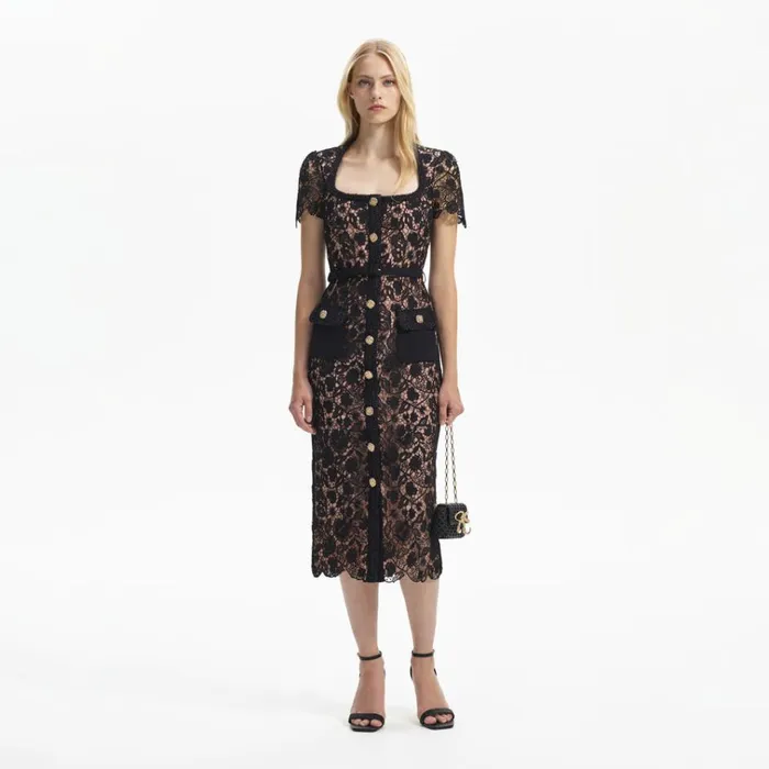 Self Portrait Dresses Black Guipure Lace Short Sleeve Midi Dress 8211 Women