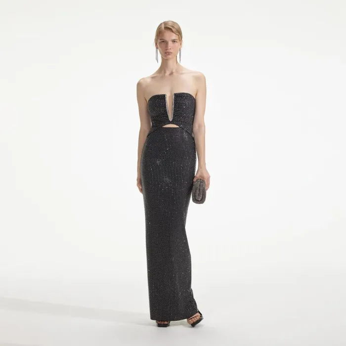Self Portrait Dresses Black Jersey Rhinestone Maxi Dress 8211 Women