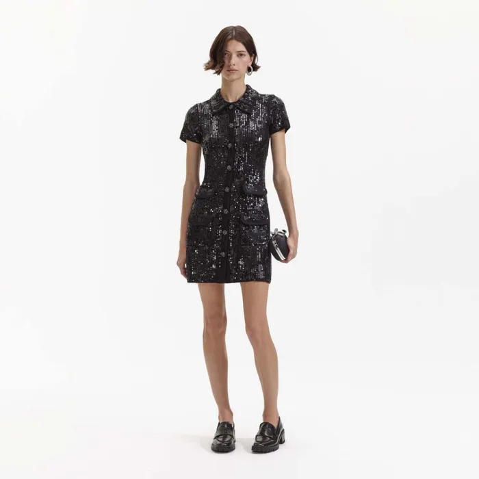 Self Portrait Dresses Black Knit Sequin Mini Dress 8211 Women