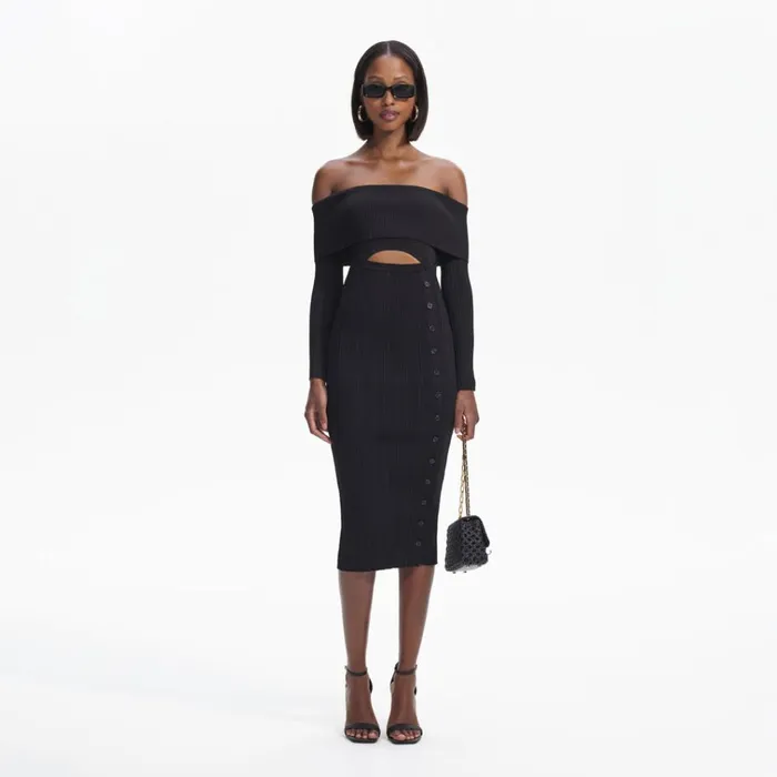 Self Portrait Dresses Black Off Shoulder Knit Midi Dress 8211 Women