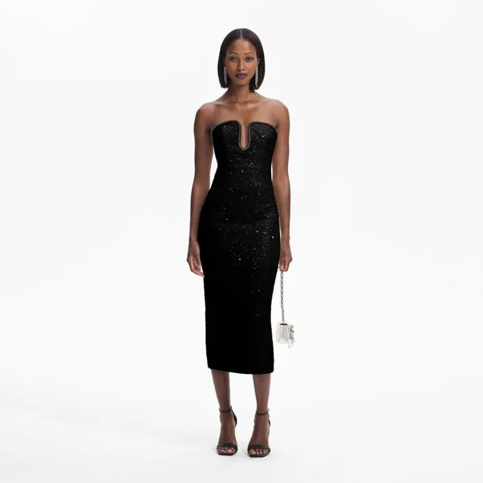 Self Portrait Dresses Black Sequin Boucle Midi Dress 8211 Women