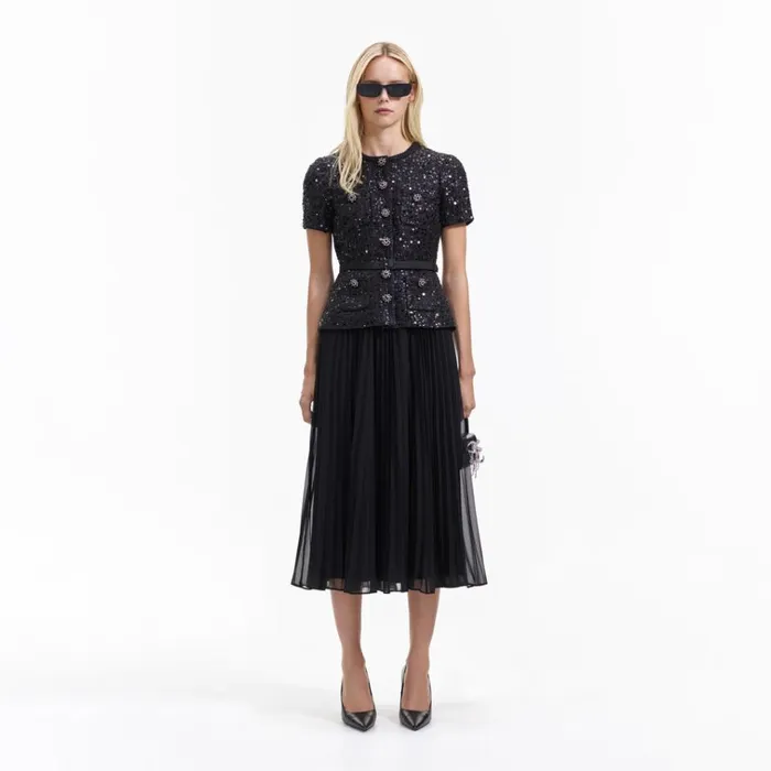 Self Portrait Dresses Black Sequin Boucle Tailored Midi Dress 8211 Women