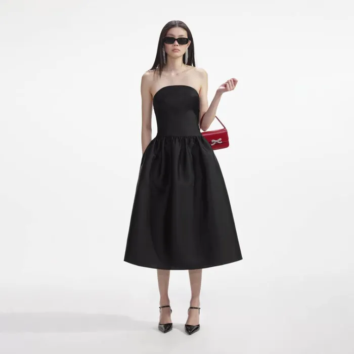 Self Portrait Dresses Black Taffeta Midi Dress 8211 Women