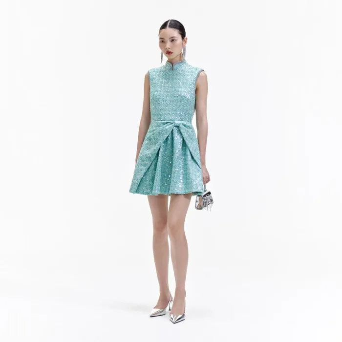 Self Portrait Dresses Blue Boucle Gathered Mini Dress 8211 Women Self Portrait Dresses Blue Boucle Gathered Mini Dress 8211 Women