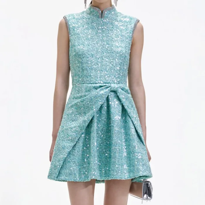 Self Portrait Dresses Blue Boucle Gathered Mini Dress 8211 Women Self Portrait Dresses Blue Boucle Gathered Mini Dress 8211 Women