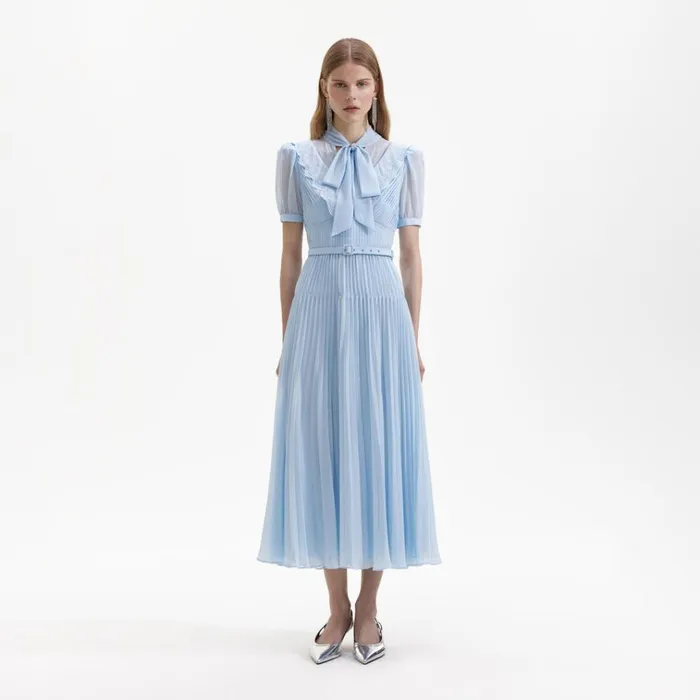 Self Portrait Dresses Blue Chiffon Bow Midi Dress 8211 Women