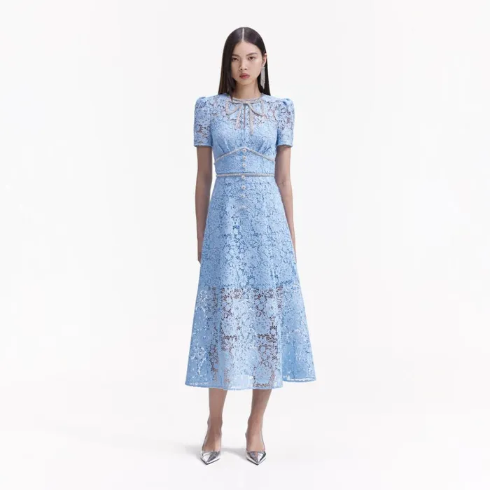 Self Portrait Dresses Blue Cord Lace Bow Midi Dress 8211 Women