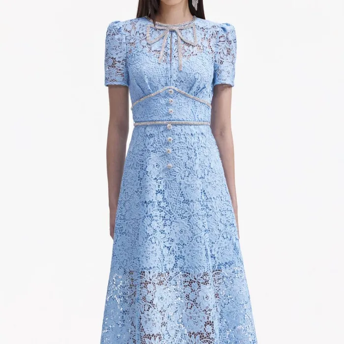 Self Portrait Dresses Blue Cord Lace Bow Midi Dress 8211 Women Self Portrait Dresses Blue Cord Lace Bow Midi Dress 8211 Women