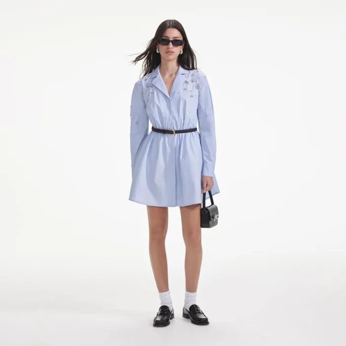Self Portrait Dresses Blue Cotton Embellished Mini Dress 8211 Women