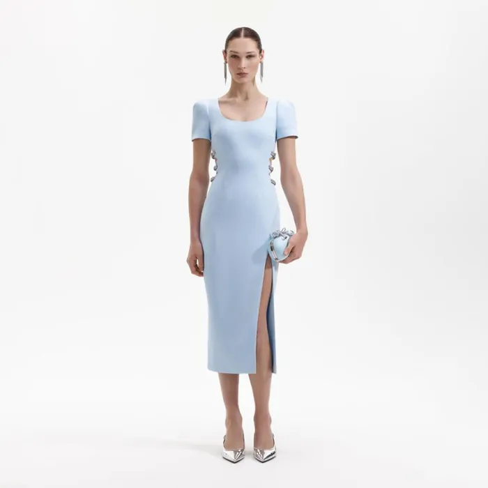 Self Portrait Dresses Blue Crepe Split Midi Dress 8211 Women