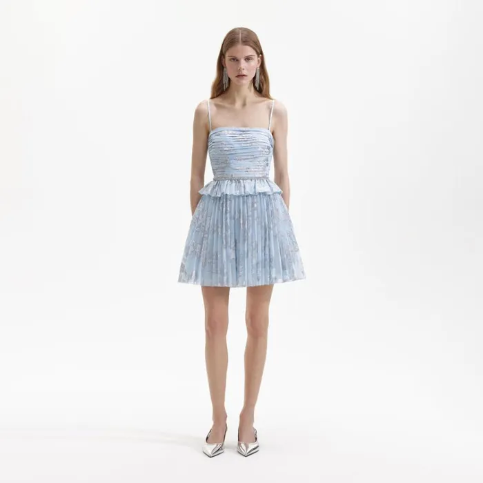 Self Portrait Dresses Blue Metallic Floral Mini Dress 8211 Women