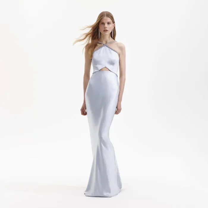 Self Portrait Dresses Blue Satin Diamante Maxi Dress 8211 Women