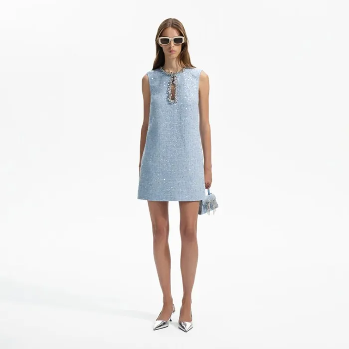 Self Portrait Dresses Blue Sequin Boucle Mini Dress 8211 Women