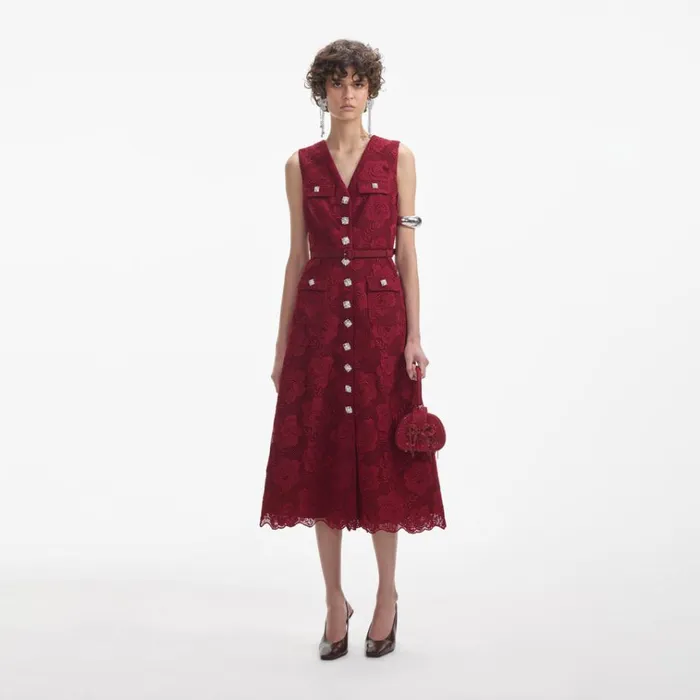 Self Portrait Dresses Burgundy Lace Buttoned Midi Dress 8211 Women