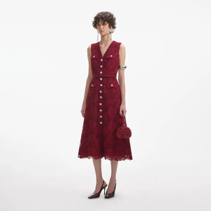 Self Portrait Dresses Burgundy Lace Buttoned Midi Dress 8211 Women Self Portrait Dresses Burgundy Lace Buttoned Midi Dress 8211 Women