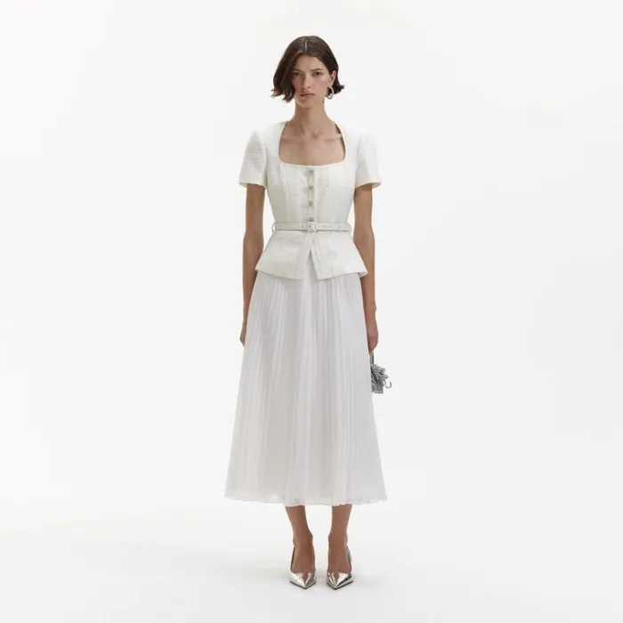 Self Portrait Dresses Cream Boucle Chiffon Midi Dress 8211 Women