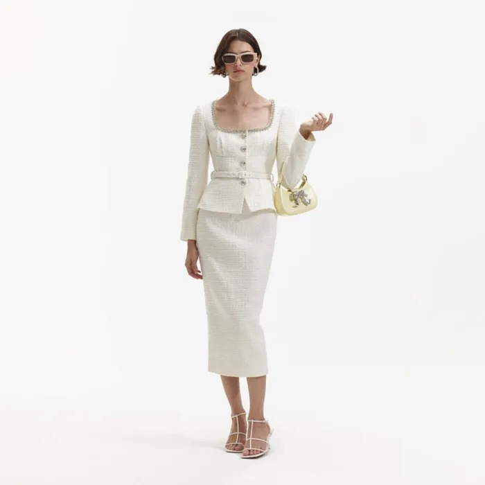 Self Portrait Dresses Cream Boucle Diamante Trim Midi Dress 8211 Women
