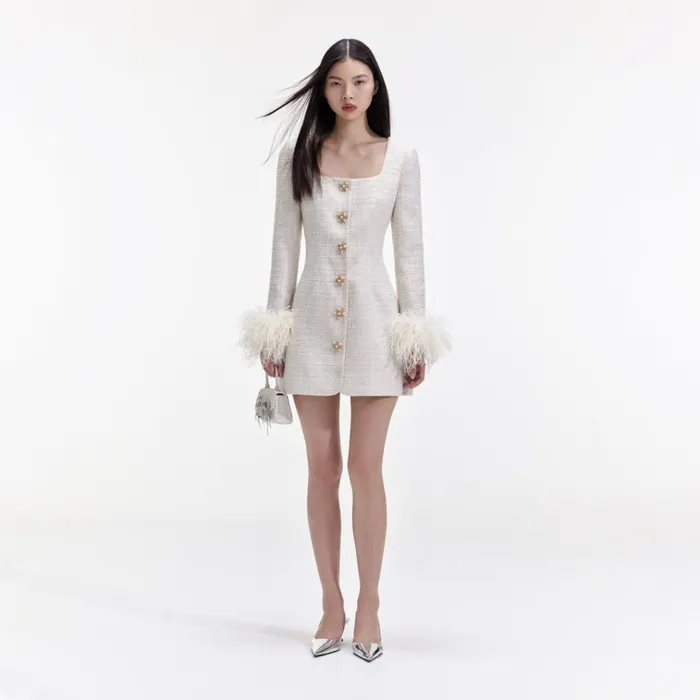Self Portrait Dresses Cream Boucle Feather Mini Dress 8211 Women