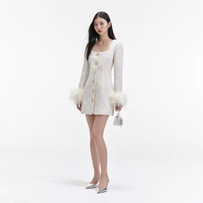 Self Portrait Dresses Cream Boucle Feather Mini Dress 8211 Women Self Portrait Dresses Cream Boucle Feather Mini Dress 8211 Women