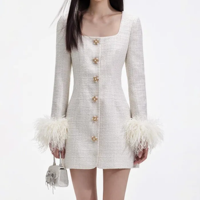 Self Portrait Dresses Cream Boucle Feather Mini Dress 8211 Women Self Portrait Dresses Cream Boucle Feather Mini Dress 8211 Women