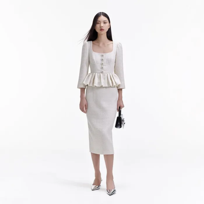 Self Portrait Dresses Cream Boucle Peplum Midi Dress 8211 Women