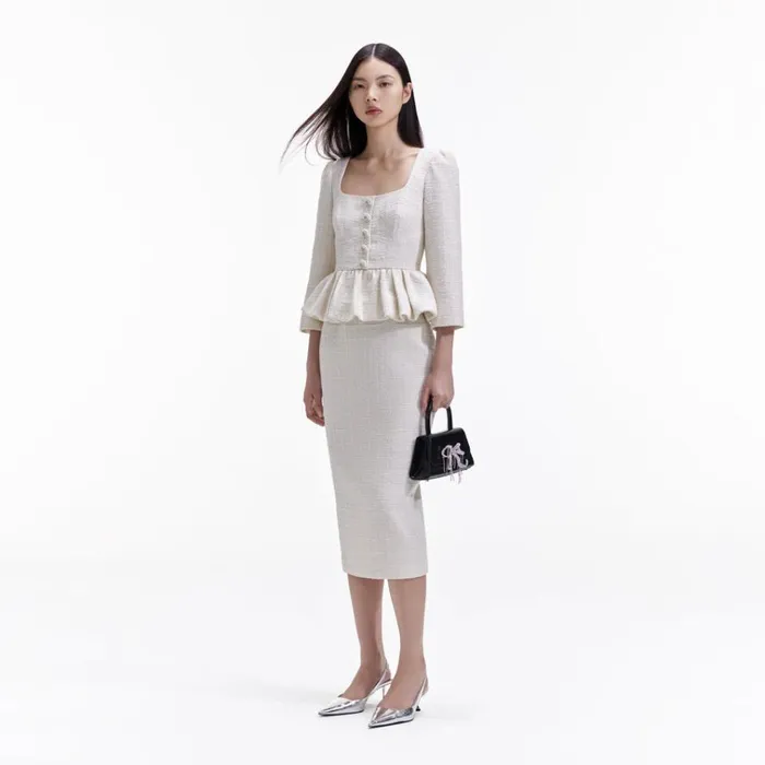 Self Portrait Dresses Cream Boucle Peplum Midi Dress 8211 Women Self Portrait Dresses Cream Boucle Peplum Midi Dress 8211 Women