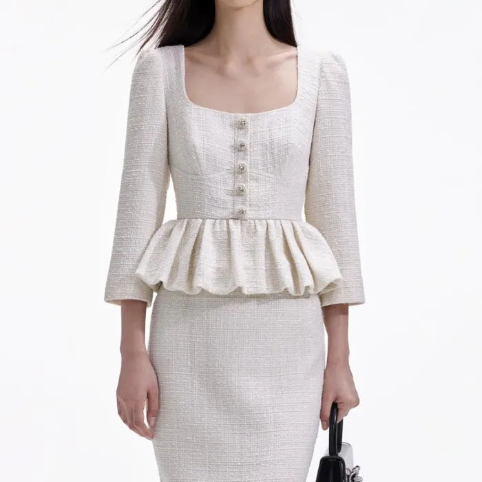 Self Portrait Dresses Cream Boucle Peplum Midi Dress 8211 Women Self Portrait Dresses Cream Boucle Peplum Midi Dress 8211 Women