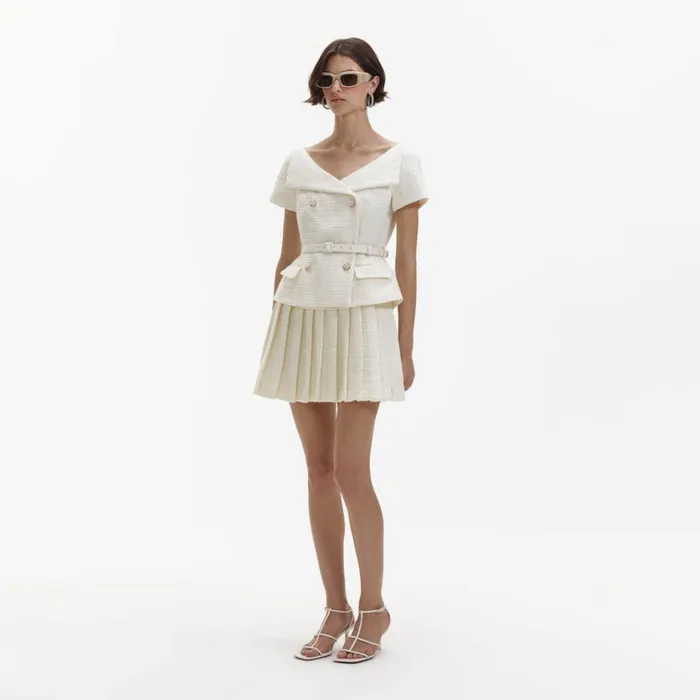 Self Portrait Dresses Cream Boucle Pleated Mini Dress 8211 Women Self Portrait Dresses Cream Boucle Pleated Mini Dress 8211 Women
