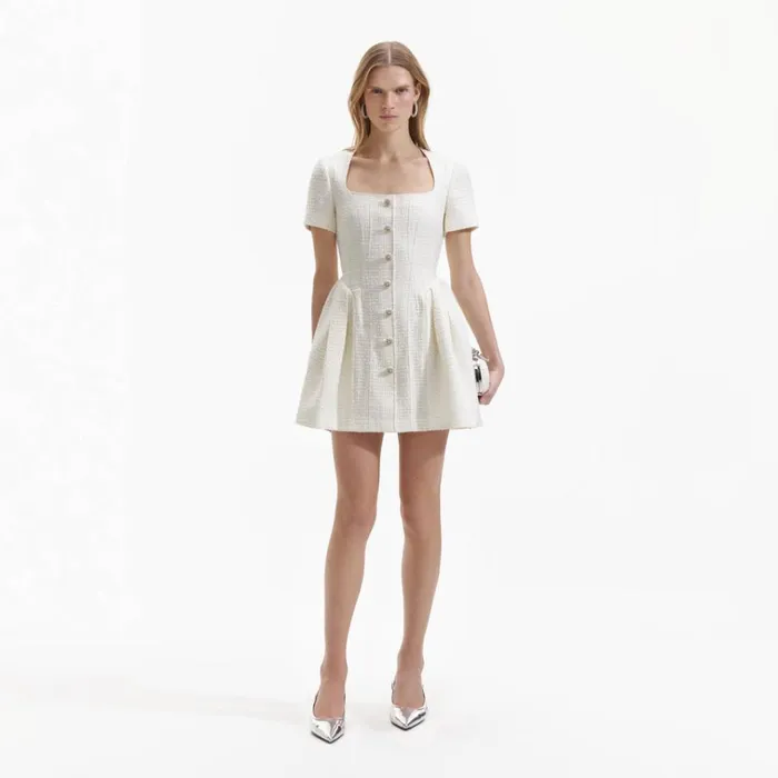 Self Portrait Dresses Cream Boucle Short Sleeve Mini Dress 8211 Women
