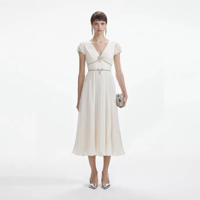 Self Portrait Dresses Cream Chiffon Pleated Midi Dress 8211 Women