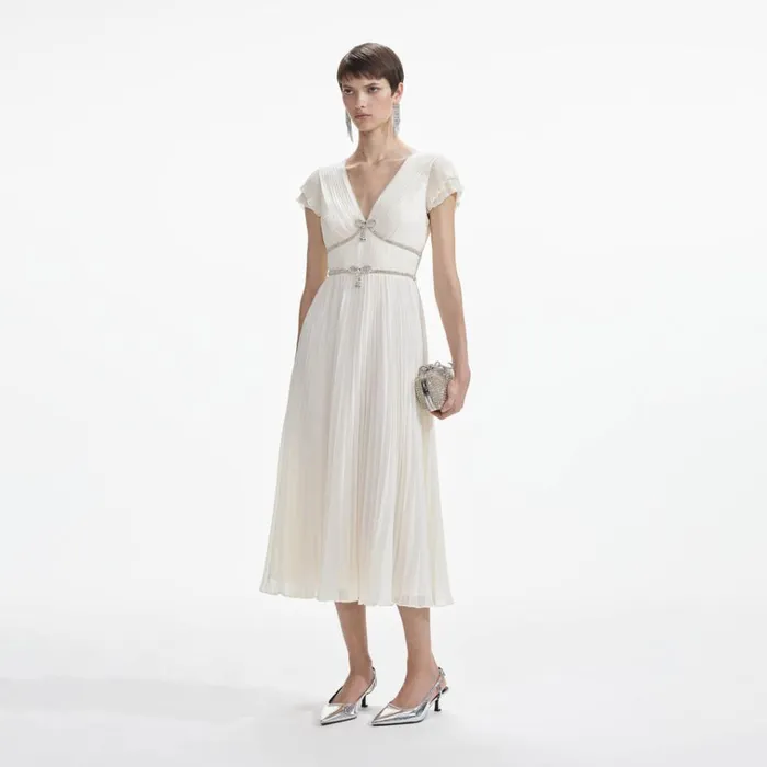 Self Portrait Dresses Cream Chiffon Pleated Midi Dress 8211 Women Self Portrait Dresses Cream Chiffon Pleated Midi Dress 8211 Women