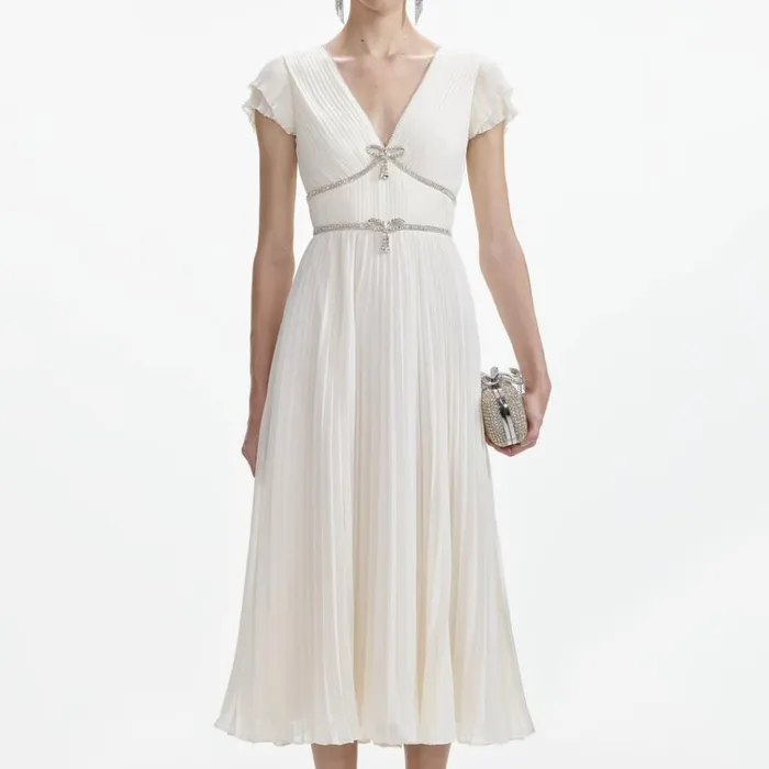 Self Portrait Dresses Cream Chiffon Pleated Midi Dress 8211 Women Self Portrait Dresses Cream Chiffon Pleated Midi Dress 8211 Women
