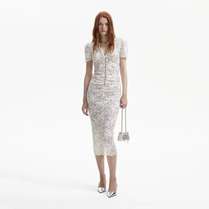 Self Portrait Dresses Cream Cord Lace VNeck Midi Dress 8211 Women