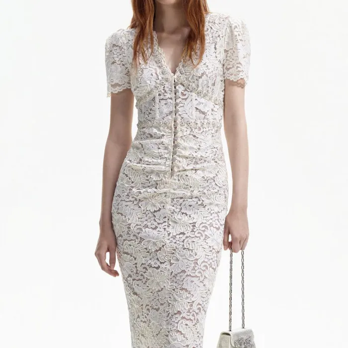 Self Portrait Dresses Cream Cord Lace VNeck Midi Dress 8211 Women Self Portrait Dresses Cream Cord Lace VNeck Midi Dress 8211 Women