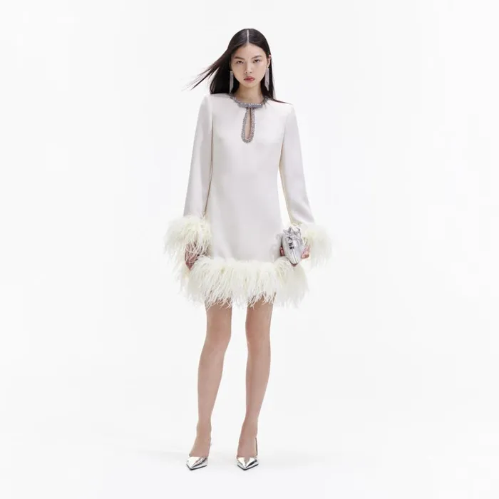 Self Portrait Dresses Cream Crepe Feather Mini Dress 8211 Women