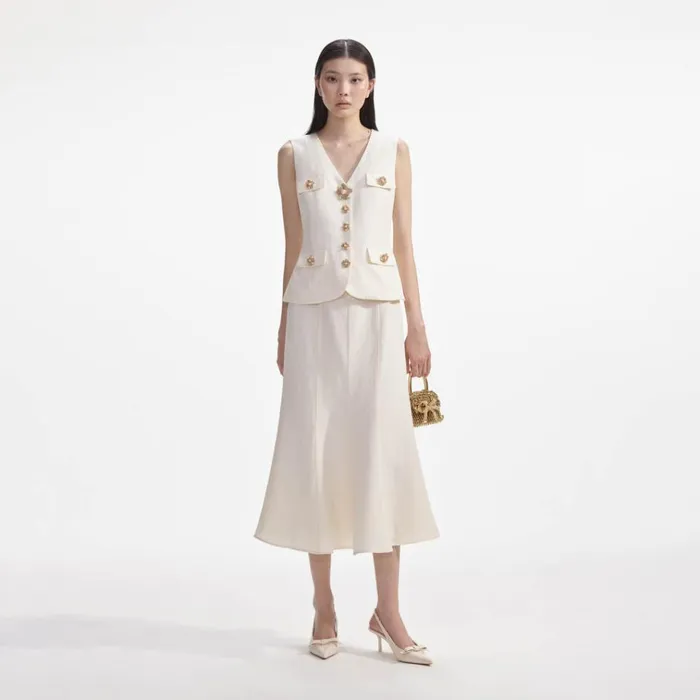 Self Portrait Dresses Cream Linen Midi Dress 8211 Women