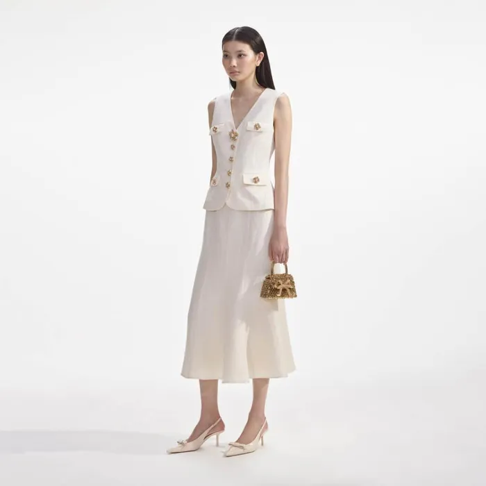 Self Portrait Dresses Cream Linen Midi Dress 8211 Women Self Portrait Dresses Cream Linen Midi Dress 8211 Women