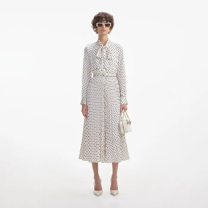 Self Portrait Dresses Cream Polka Dot Satin Midi Dress 8211 Women