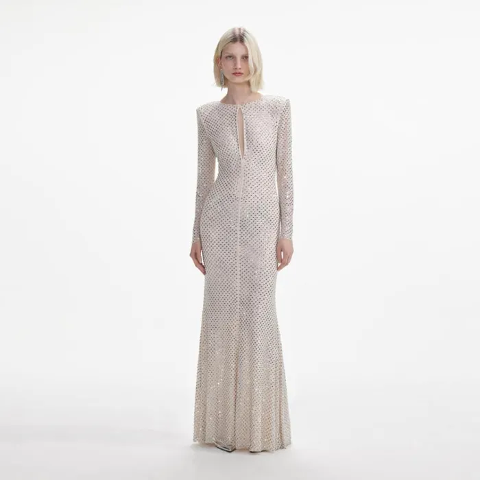 Self Portrait Dresses Cream Rhinestone Keyhole Maxi Dress 8211 Women
