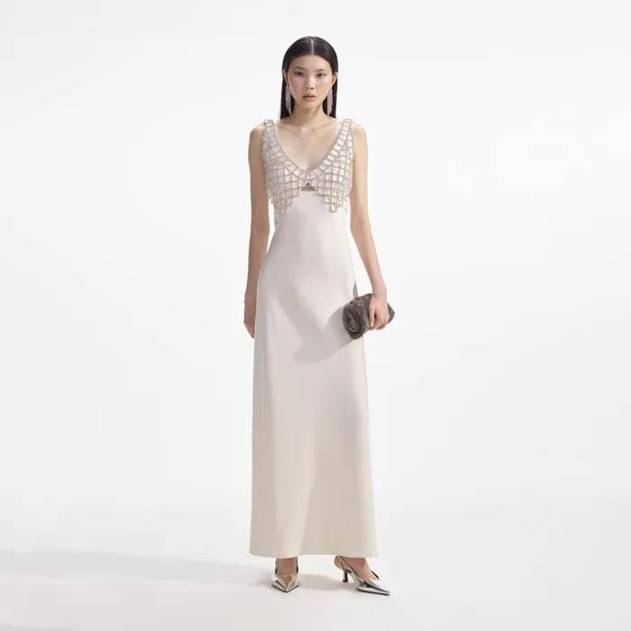Self Portrait Dresses Cream Satin Diamante Bralette Maxi Dress 8211 Women