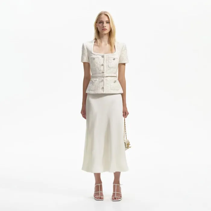Self Portrait Dresses Cream Sequin Boucle Midi Dress 8211 Women